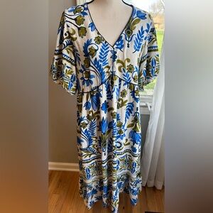 Fig+Flower Linen Blend Short Sleeve Floral Print Belted Midi Dress boho, cottage